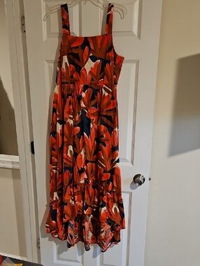 Who What Wear Vibrant Orange and Brown Abstract Print Maxi Dress With Hi Low Hem